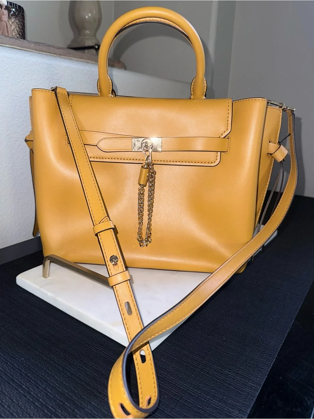 Michael Kors Hamilton Legacy Large Leather Belted Satchel - Mustard Yellow
